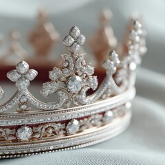 Obraz premium Close Up View of Ornate Silver Crown Detailed with Sparkling Gemstones on Silky Fabric Background