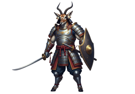 A stylized, digital illustration of a figure in samurai armor, featuring an antelope-like head, standing against a dark background.