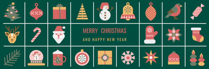 Merry Christmas and Happy New Year banner. A collection of festive holiday icons in a modern flat style arranged in a grid on a green background.