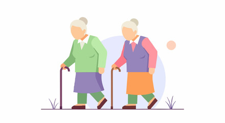 Two elderly women with canes walking side-by-side on a white background, depicted in a flat, minimalist vector style.