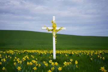 White cross in field of yellow flowers under a cloudy sky in the countryside scenery view