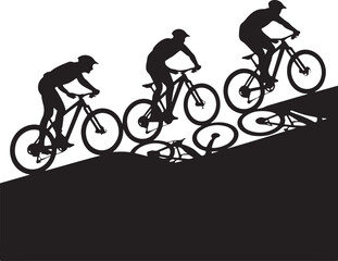 Obraz premium Mountain bikers climbing a hill in silhouette style