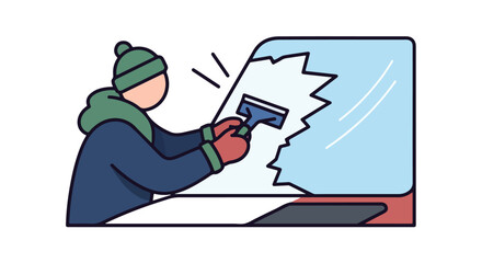 Cartoon illustration of a person scraping ice from a car windshield on a frosty morning, preparing for winter travel