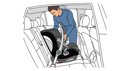 Attentive father securing infant car seat in car back seat demonstrating safety measures for child passenger safety and convenience for family travel