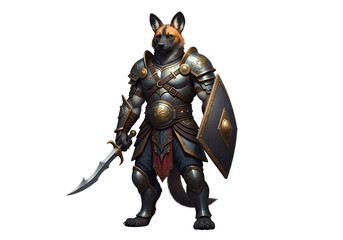Fototapeta premium A magnificent anthropomorphic canine warrior stands proudly in full plate armor, holding a sword and shield, bathed in dramatic lighting against a stark black backdrop.