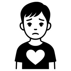 A boy with a heart on his shirt is looking sad. The heart on his shirt is black and white. Vector. Silhouette illustration.