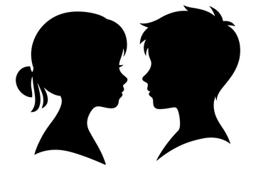 Two silhouettes of a boy and a girl. The girl has a ponytail and the boy has short hair. Vector. Silhouette illustration.