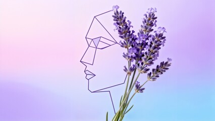 Abstract Geometric Line Art of a Female Face with Natural Lavender Flowers on a Gradient Purple and Pink Background