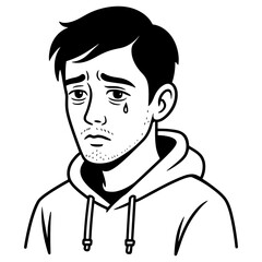Obraz premium A man is crying and wearing a hoodie. He is sad and has tears in his eyes. Vector. Silhouette illustration.