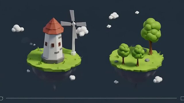 A whimsical 3D illustration of a windmill and trees on floating islands against a dark background