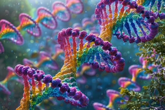 Elegant spiral structure of dna double helix showcased on a striking blue background design
