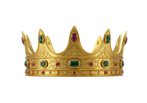 Majestic 24K gold crown with intricate baroque filigree, adorned with sparkling crimson rubies and deep emeralds, perfectly isolated on a transparent studio background, luxury and regality concept