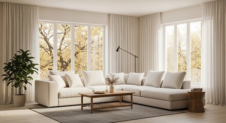 Bright living room with large sectional sofa, coffee table and plant