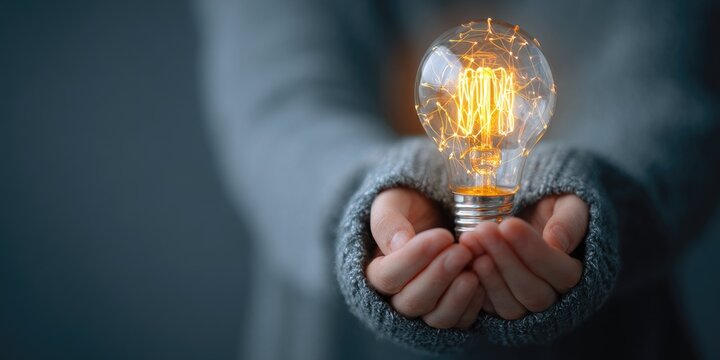 Person holding glowing lightbulb idea concept innovation and creativity