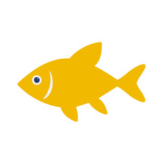 Stylized yellow fish on white featuring flat design in minimal illustration style for use in graphics