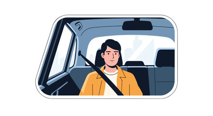 Man inside a car, safety illustration wearing his seatbelt on a journey through the city with tall buildings in the background