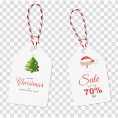 Charming Christmas gift and sale tags showcasing a decorated Christmas tree and Santa Claus design. Perfect for promoting festive discounts, holiday offers, and creating a cheerful atmosphere.