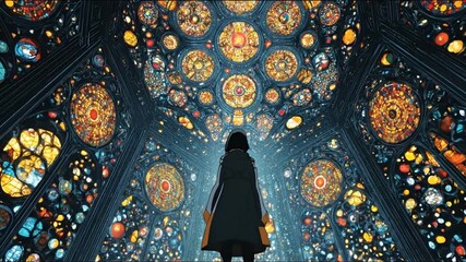 Person contemplating ornate stained glass ceiling art interior design - Powered by Adobe