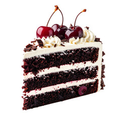 Slice of Black Forest cake with rich chocolate layers, whipped cream, fresh cherries, and chocolate shavings isolated on black.