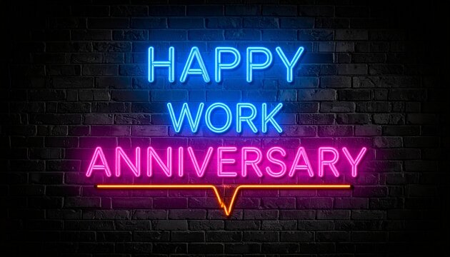 Neon work anniversary sign with humorous typo on brick wall