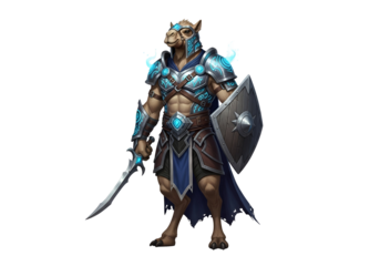 A stylized illustration of a warrior figure, wearing ornate armor with glowing blue accents, holding a sword and shield, set against a stark black background.