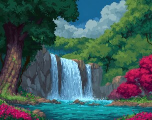 Fototapeta premium Pixelated waterfall landscape illustration with vibrant colors and lush environment