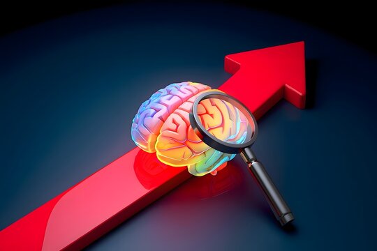 Brain analysis and growth with magnifying glass on red arrow pointing upwards in dark background - Powered by Adobe