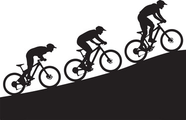 Naklejka premium Cyclists ascend hill, progress visualized in black silhouette