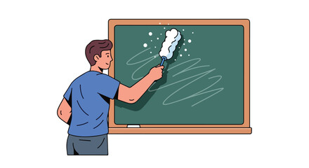 Illustration of a man dusting a chalkboard in a classroom setting conveying cleanliness and preparation for lessons with chalk dust particles visible