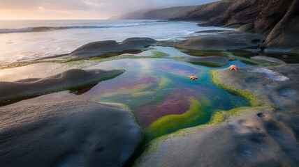 Starfish in Colorful Tide Pool on Rocky Shoreline sea star.