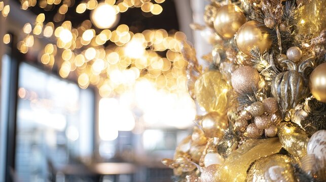A festively decorated tree adorned with golden ornaments, surrounded by twinkling holiday lights.