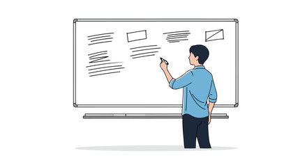 Illustration of a businessman presenting sketches and data on a whiteboard in a meeting environment providing strategic solutions and planning ideas