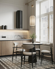 A modern kitchen and dining area with contemporary furnishings and large windows.