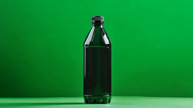 Dark Glass Bottle with Liquid on a Vibrant Green Background.