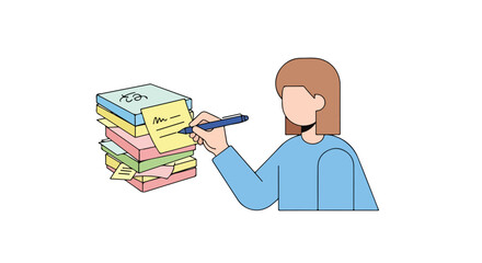 Organized thoughts: A woman annotating a stack of colorful sticky notes for planning and reminders represents office workflow management and