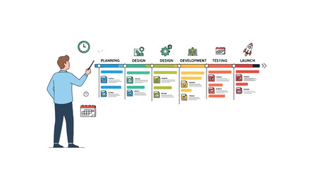 Fototapeta premium Visualizing project workflows with timelines: A presentation on strategic project management and efficient lifecycle phases of product deployment