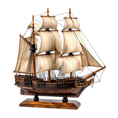 Intricate Wooden Model Ship of a Vintage Galleon with Full Rigging and Sails, Isolated on Black Background