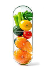 A clear glass capsule filled with colorful, healthy fresh foods