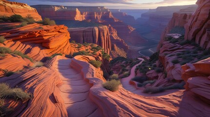ultra realistic 360° panorama of deep canyon hiking trail, layered red rocks, winding paths