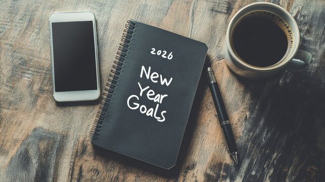 Notebook with 2026 New Year Goals written beside pen, coffee, and smartphone, morning sunlight, minimal desk background.