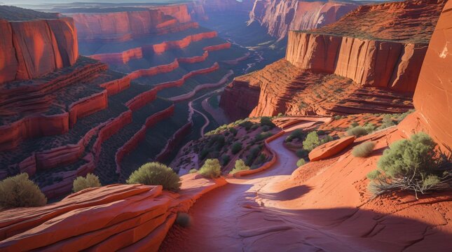 ultra realistic 360° panorama of deep canyon hiking trail, layered red rocks, winding paths - Powered by Adobe