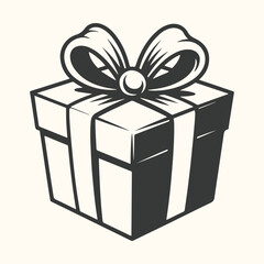 Vector art of a stylized black and white illustration of a gift box with a bow, presented in a classic, graphic art style, evoking a sense of celebration and surprise