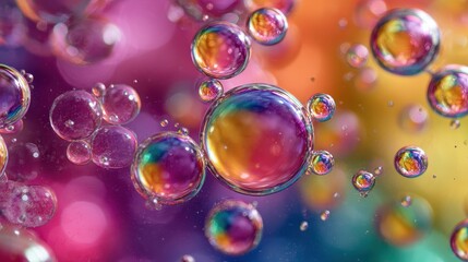 Close-up image of floating rainbow bubbles, background, wallpaper. 