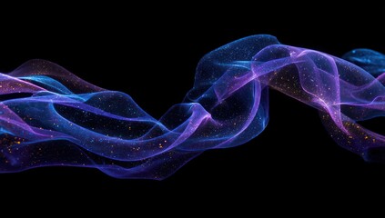 Fototapeta premium Abstract design featuring flowing, translucent shapes of vibrant purple and blue, dotted with golden particles, against a dark background.