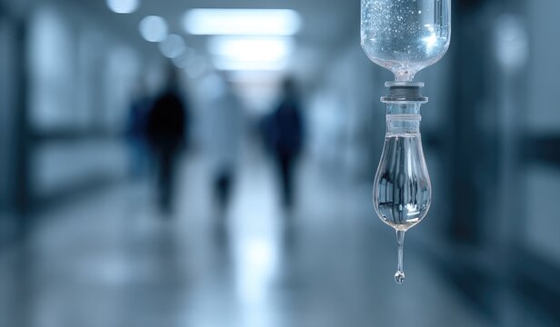 Intravenous drip bag in hospital corridor with blurred people.