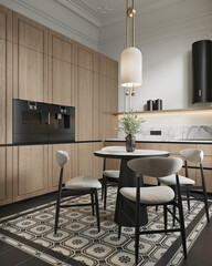 A contemporary dining area with a geometric patterned floor and elegant kitchen setup.