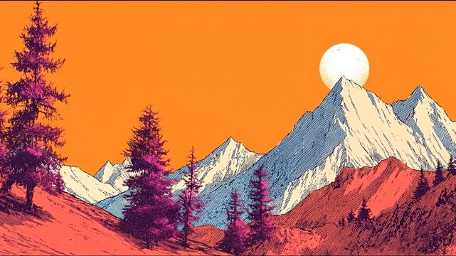Scenic mountain range and evergreen trees silhouetted against vibrant orange sky