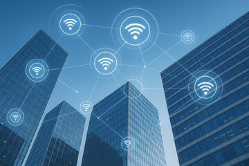 Digital wireless network connection over modern city skyscrapers showing smart technology communication infrastructure concept