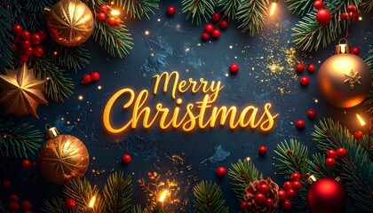 “Merry Christmas” glowing text with pine branches and ornaments on dark background