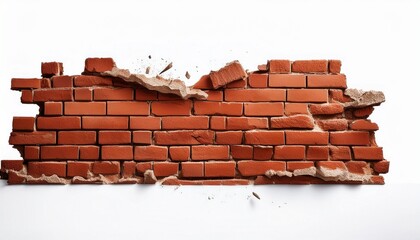 cracked red brick wall isolated on a white background